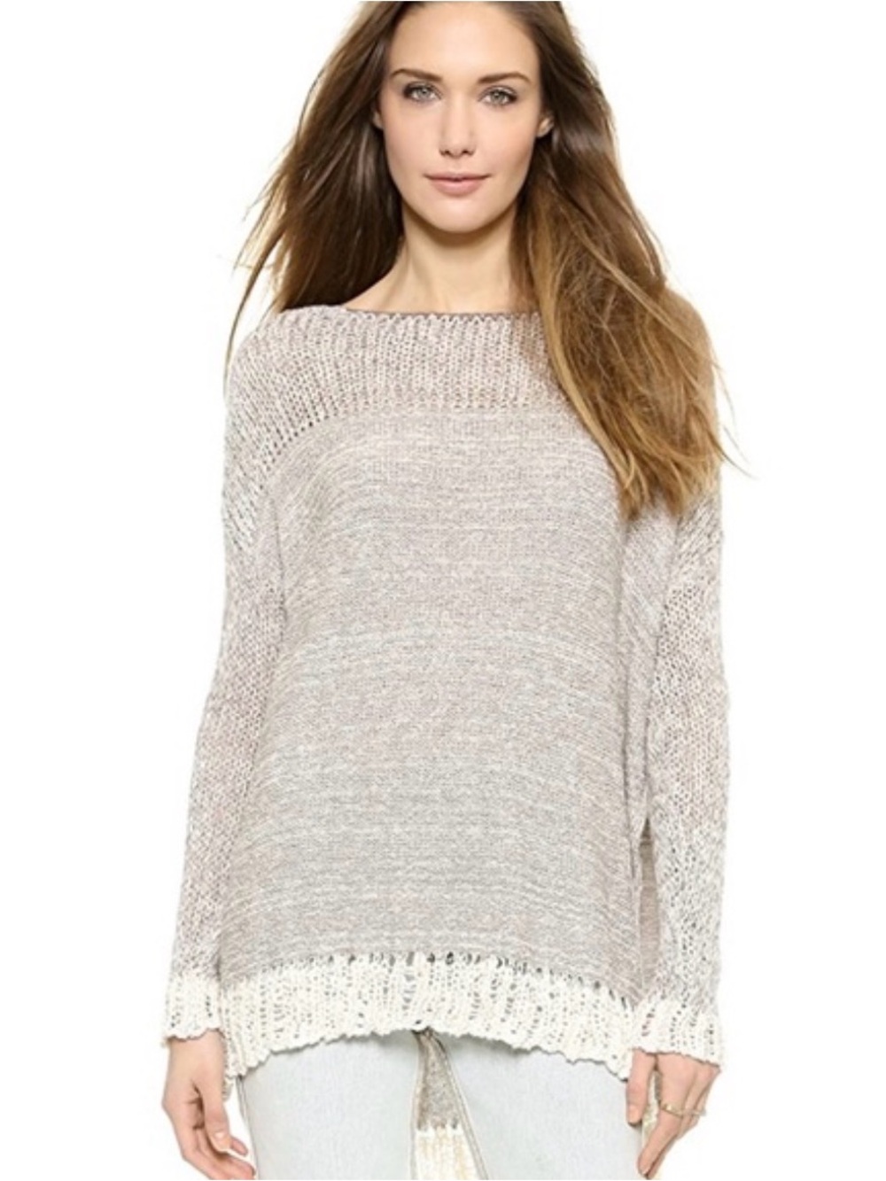Free People Opal Open Knit Lace Trim Sweater Grey White Size XS